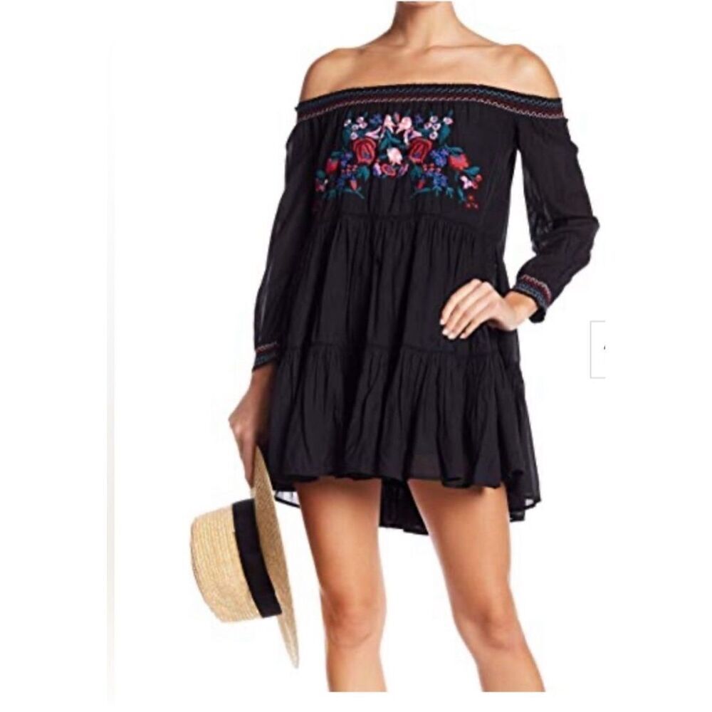Free People Womens Sunbeams Embroidered Off Shoulder Mini Dress Black Size XS